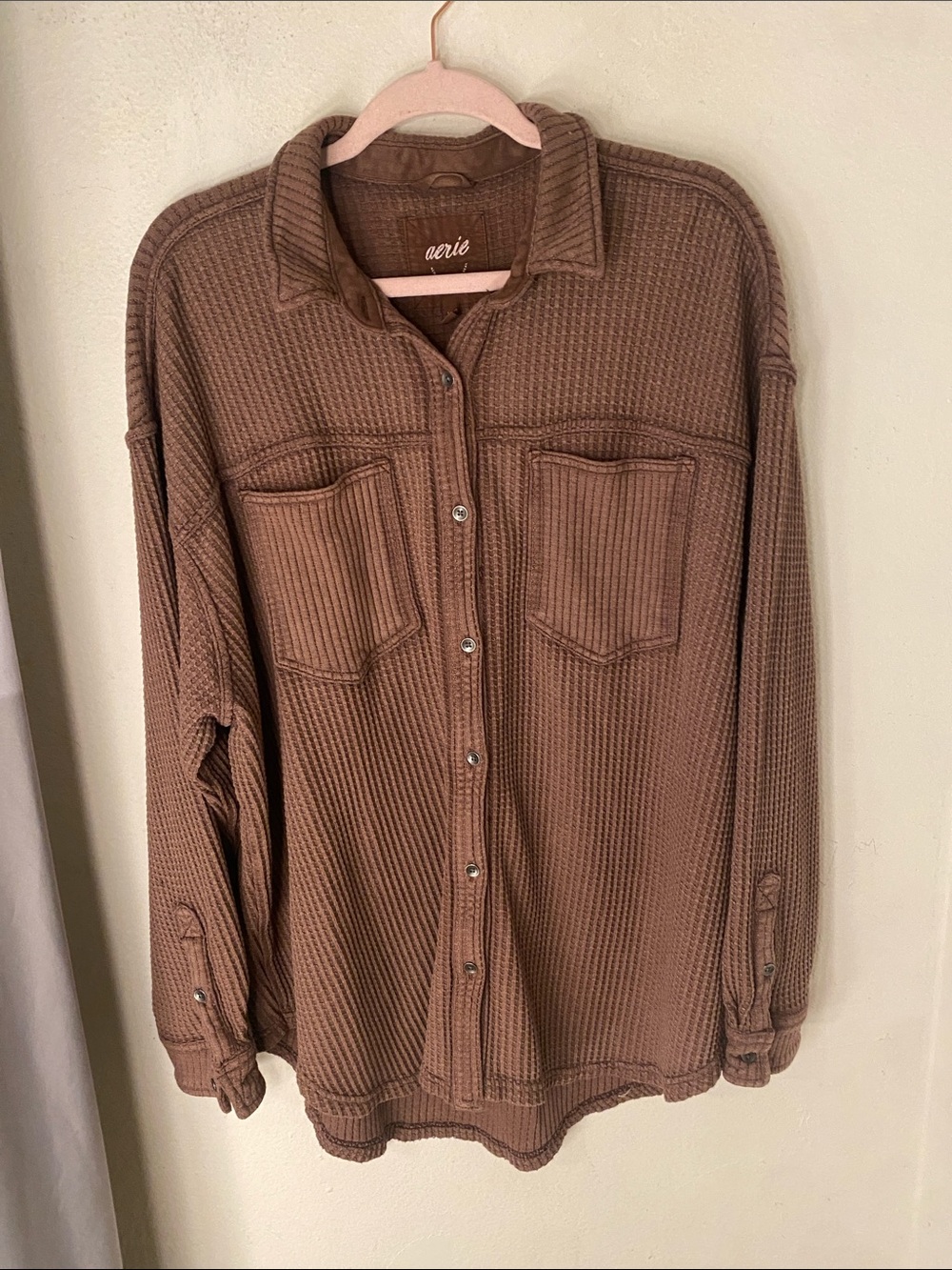 aerie Cozy Waffle-Knit Button Front Jacket in Brown